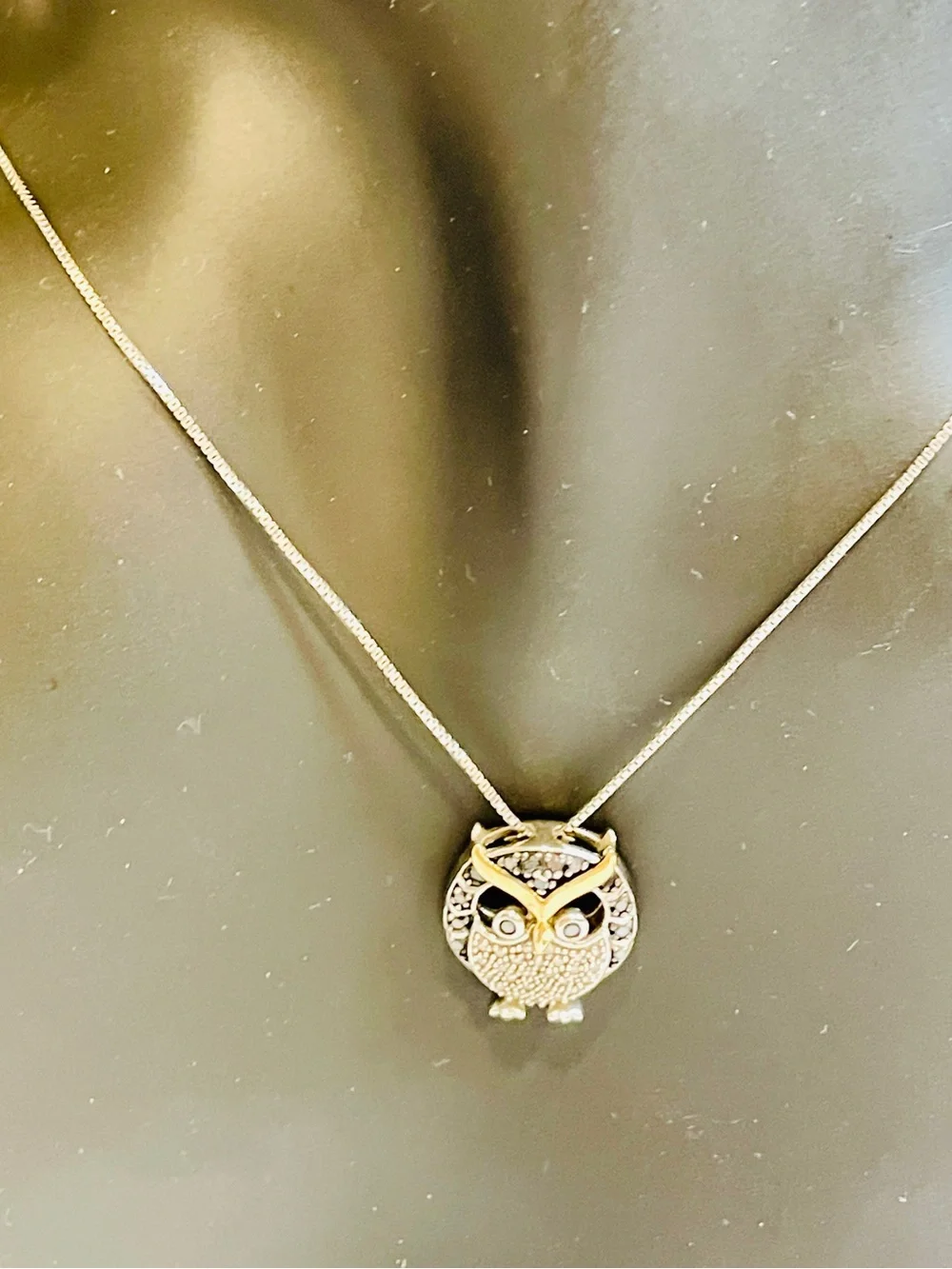 10K Yellow Gold Sterling Silver Black White Diamond Chubby Owl Necklace